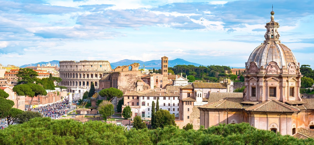 The Colosseum panorama, Colosseo, iconic amphitheatre Arena in the centre of the old town of Rome, Roma, just east of the Roman Forum.