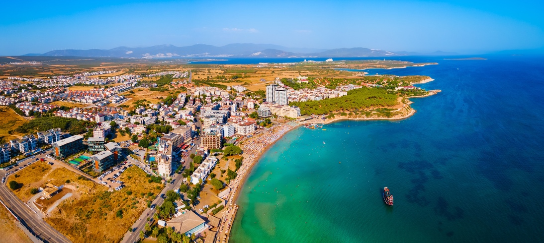 Didim city beach aerial panoramic view. Didim is a town in Aydin Province in Turkey.