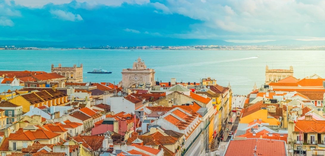 view of Lisbon over old town quarters at sunset, Lisbon Portugal