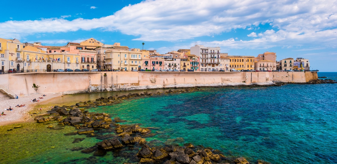 Coast of Ortigia island at city of Syracuse, Sicily, Italy. Beautiful travel photo of Sicily.