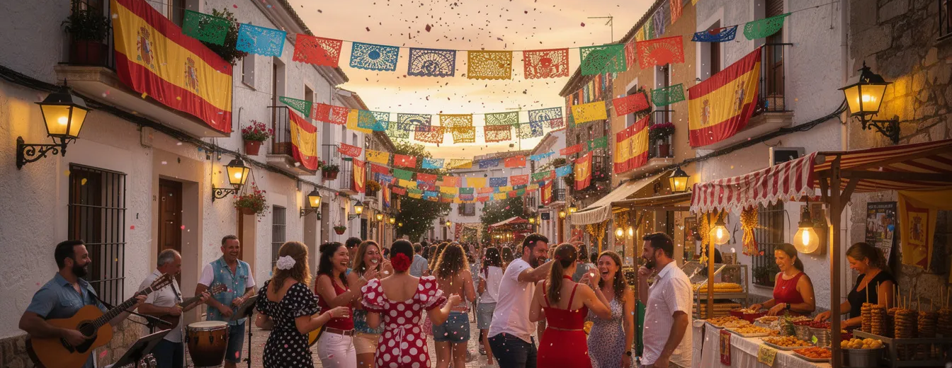 A lively Spanish festival scene is depicted, filled with colorful decorations and joyful people celebrating together. The vibrant atmosphere reflects the rich culture of Spain, perfect for those seeking unforgettable experiences during their holidays in Spain.