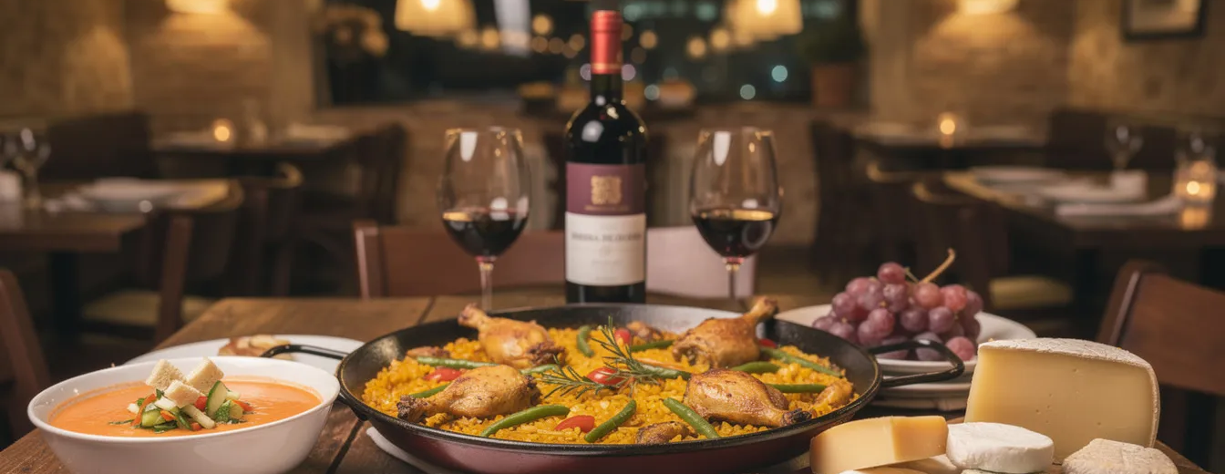 A beautifully set restaurant table showcases traditional Spanish dishes, including Valencian paella, Andalusian gazpacho, and Jamón ibérico, accompanied by a glass of bold Ribera del Duero red wine and a selection of cheese, inviting diners to indulge in the rich flavors of Spain's local cuisine. This delightful spread is perfect for those looking to experience the vibrant culture and delicious cuisine during their holidays in Spain.