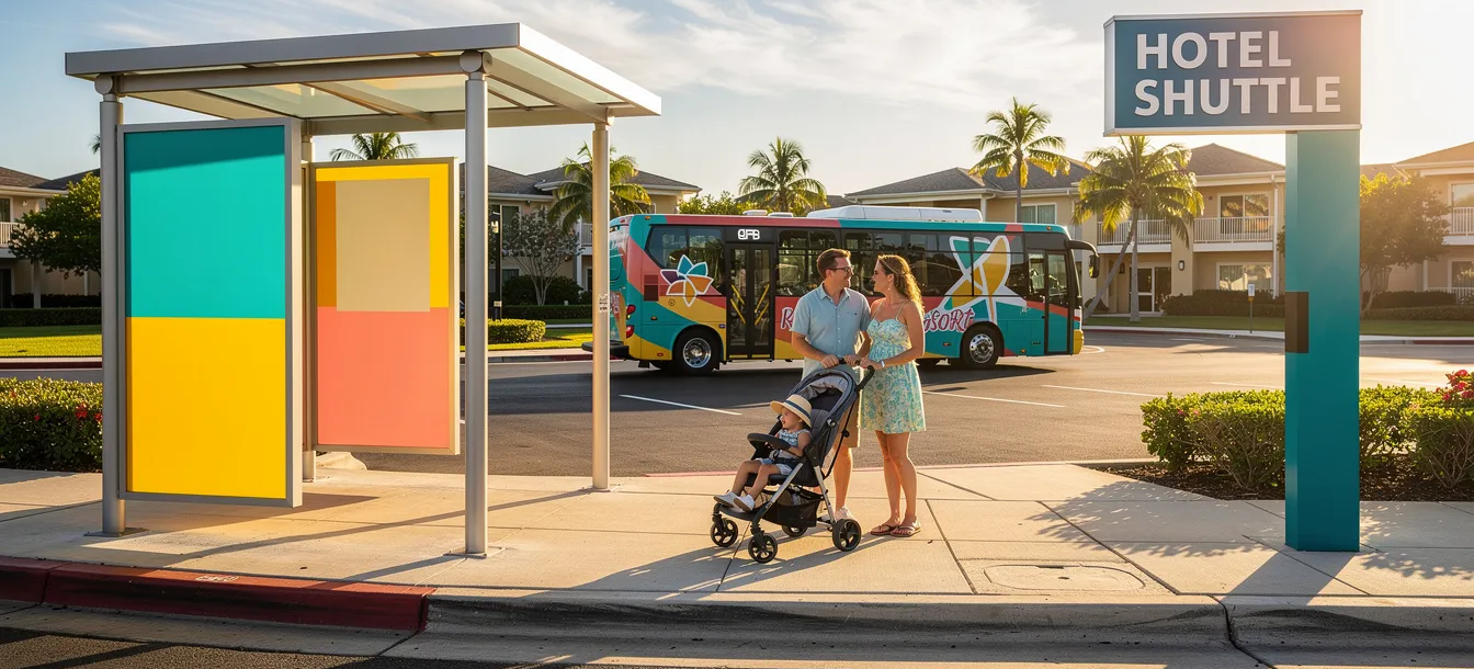 A family with a pushchair is waiting at a vibrant hotel shuttle bus stop on a sunny morning, excited for their trip to Disneyland Paris. The scene captures the anticipation of visiting magical attractions and enjoying quality time together at one of the nearby Disney hotels.
