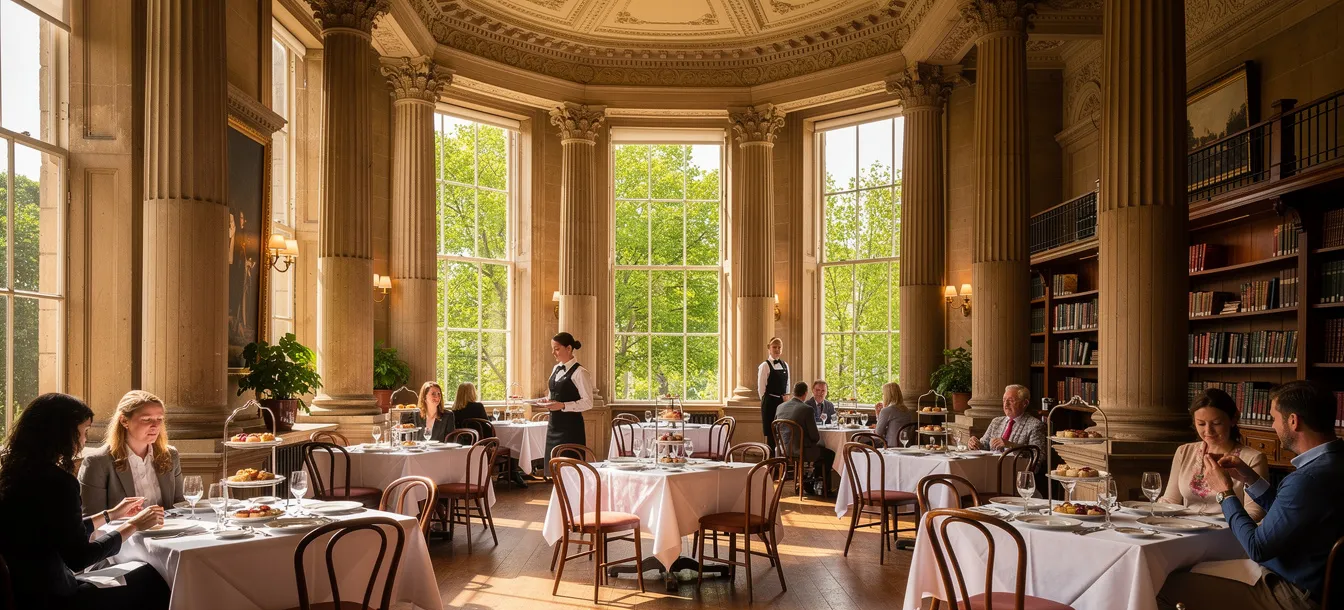 The image depicts the elegant Colonnades at the Signet Library during July, showcasing its classic architecture with tall columns and a spacious interior. This historic venue, located in Edinburgh's city centre, offers a glimpse into the illustrious history of the area, making it a perfect spot for afternoon tea while enjoying views of the Edinburgh skyline.