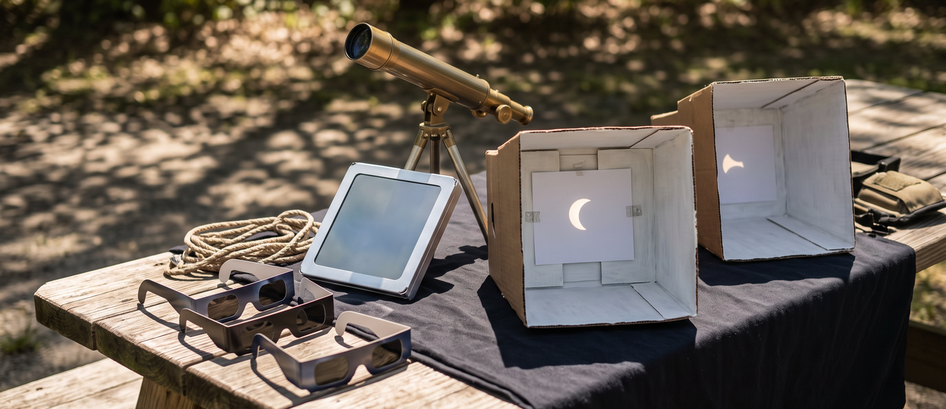 Solar eclipse viewing tools on a table, including eclipse glasses, a telescope and cardboard pinhole projectors showing a crescent sun