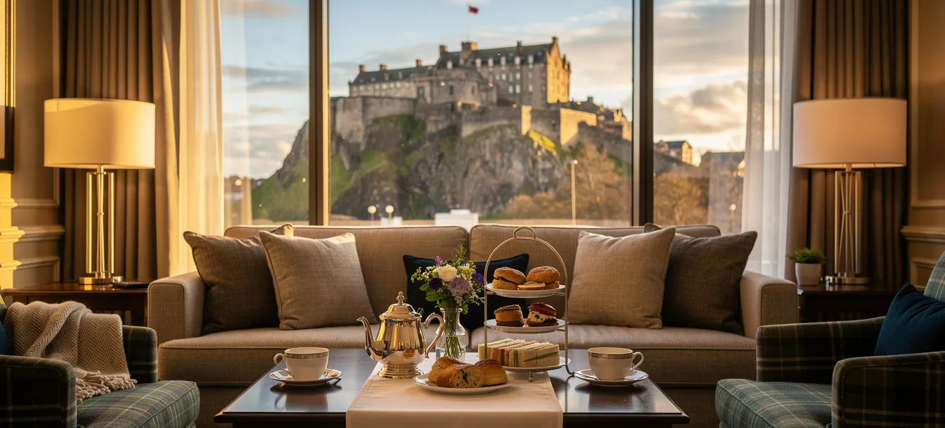 The hotel's living room features a beautifully arranged afternoon tea set against a breathtaking view of Edinburgh Castle, showcasing the stunning Edinburgh skyline. This elegant space offers guests a perfect spot to relax while enjoying the illustrious history of the city, situated conveniently near Edinburgh Castle hotels.