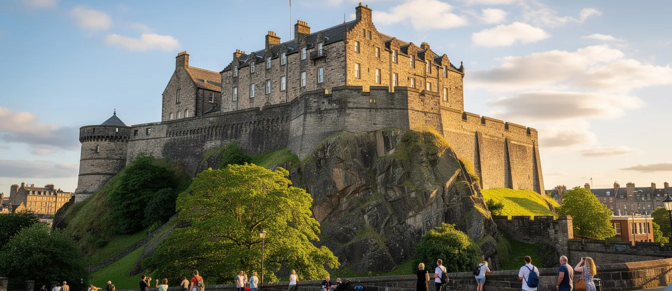 The image depicts Edinburgh Castle prominently situated against a clear blue sky in August, with the bustling Edinburgh city centre visible below. This iconic landmark is often a focal point for visitors, especially during the Edinburgh Festival and Fringe, attracting festival goers seeking affordable accommodation and vibrant experiences.