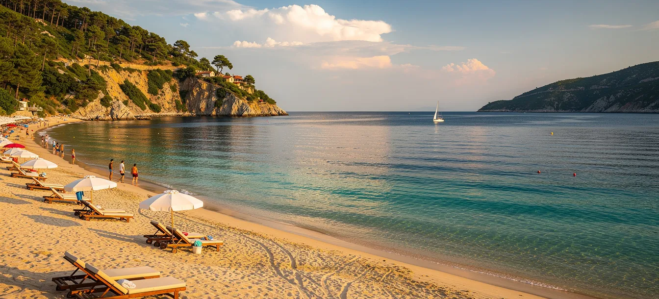 The image depicts a beautiful Turkish Riviera beach in September, showcasing stunning golden sands and crystal-clear waters under the late summer sun. With warm temperatures and fewer crowds, it offers a perfect balance for those seeking relaxation or adventure along the southern coast's pristine beaches and nearby islands.