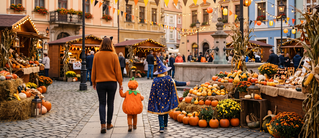 Family Halloween short break: parent and costumed children at an autumn pumpkin market in a European square
