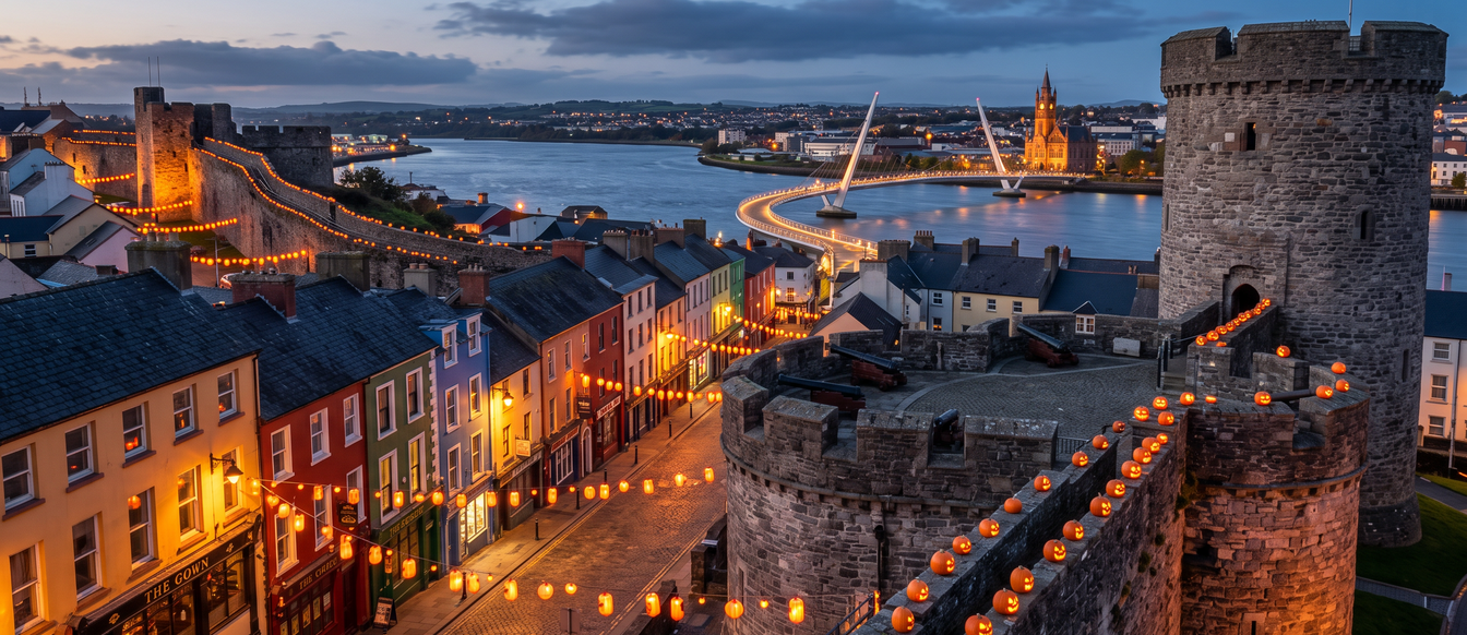 Derry Halloween festival: historic city walls lined with glowing pumpkins above colourful streets at dusk