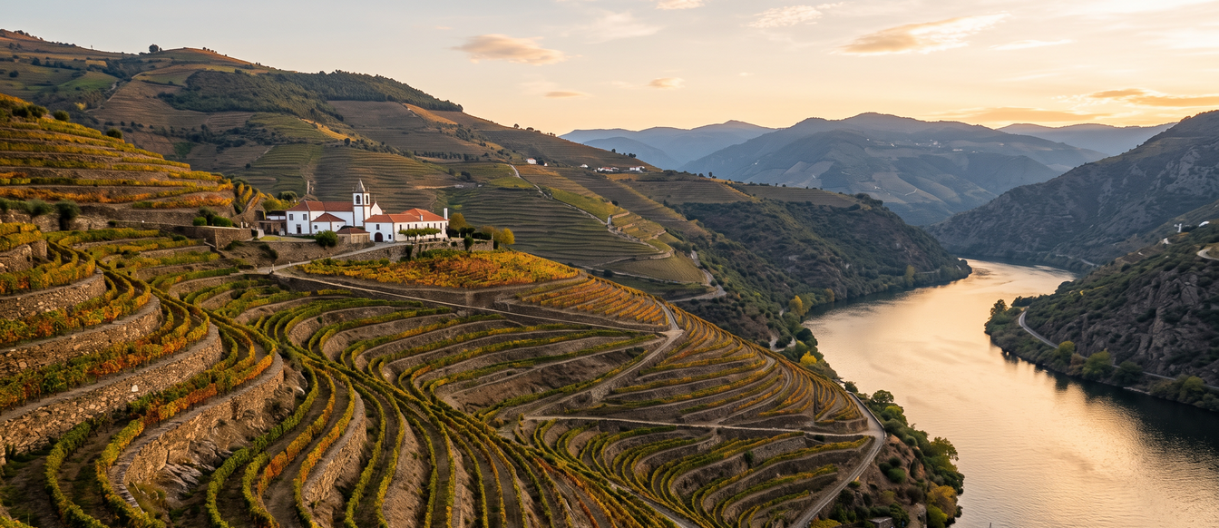 Douro Valley wine tours: terraced vineyards and a hillside quinta above the river at sunset