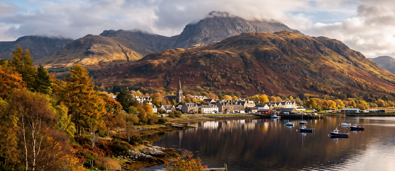 Fort William on the shore of Loch Linnhe in autumn, with moored boats and mountains behind the town