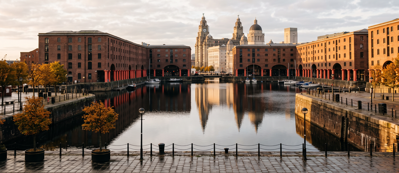 Royal Albert Dock in Liverpool at sunrise, with red-brick warehouses and the Pier Head skyline beyond