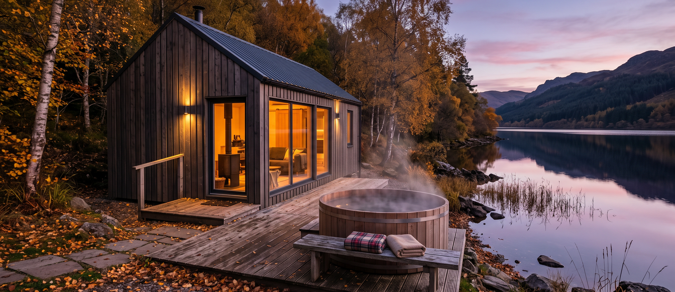 Timber lochside cabin in the Scottish Highlands at dusk, with a steaming hot tub and autumn trees