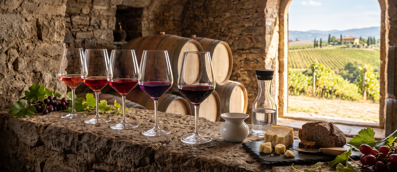 Wine tasting on a harvest break: five glasses of red wine on a stone ledge in a vaulted cellar
