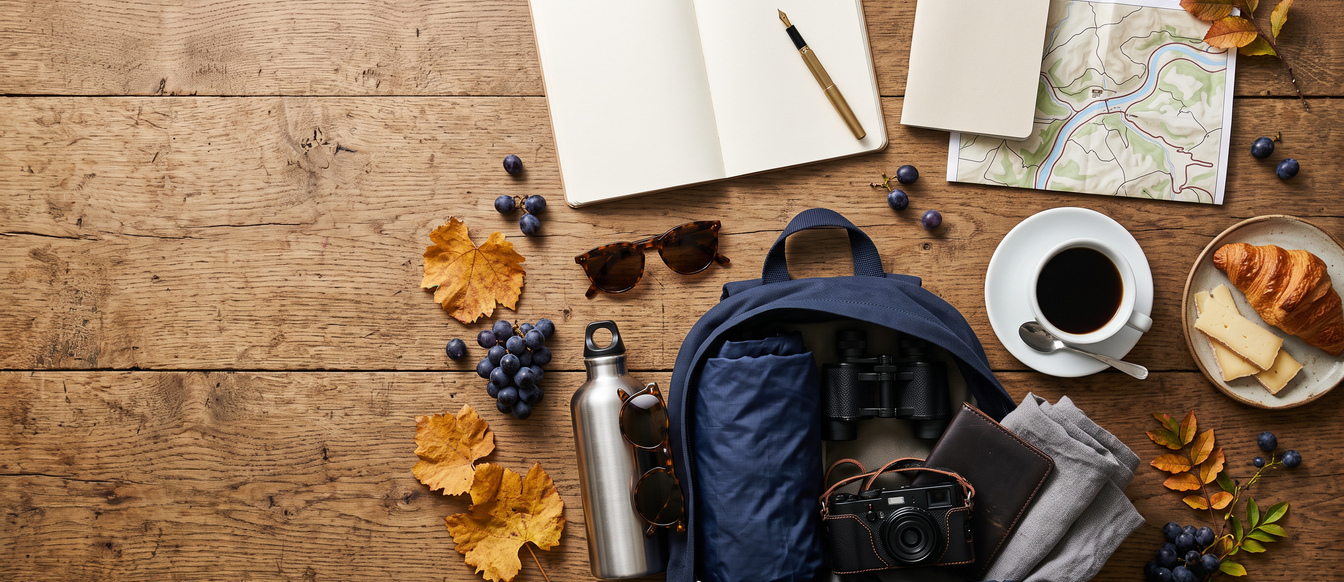 Planning a wine harvest break: flat lay with notebook, map, coffee, croissant and packed daypack